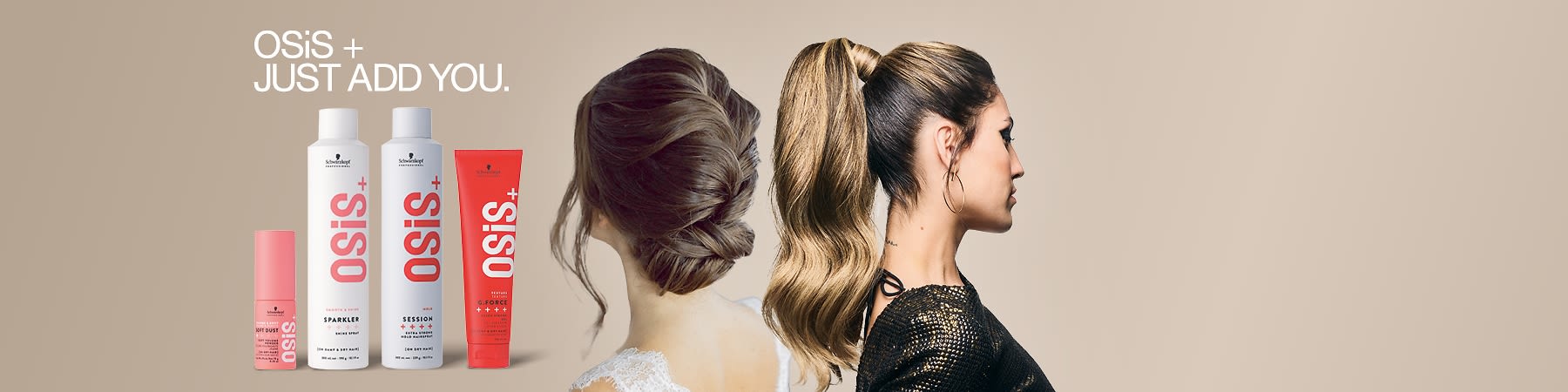 Zwei Frauen mit unterschiedlichen Frisuren, links ein eleganter Hochsteckfrisur, rechts ein hoher Pferdeschwanz mit gewellten Haaren