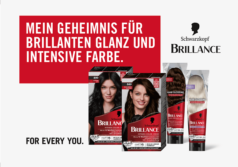 Zwei Haarfärbepackungen von Schwarzkopf Brillance, Aufschrift „Mein Geheimnis für brillanten Glanz und intensive Farbe“, Logo von Schwarzkopf Brillance