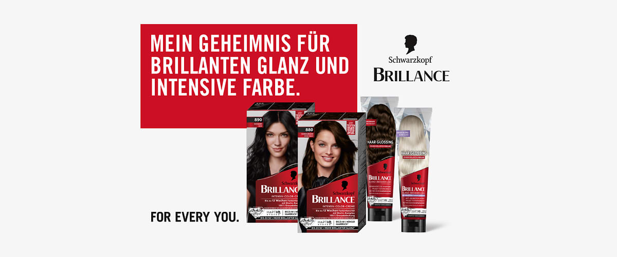 Zwei Haarfärbepackungen von Schwarzkopf Brillance, Aufschrift „Mein Geheimnis für brillanten Glanz und intensive Farbe“, Logo von Schwarzkopf Brillance