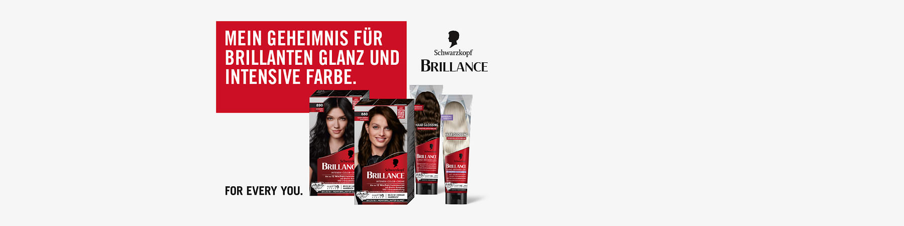 Zwei Haarfärbepackungen von Schwarzkopf Brillance, Aufschrift „Mein Geheimnis für brillanten Glanz und intensive Farbe“, Logo von Schwarzkopf Brillance