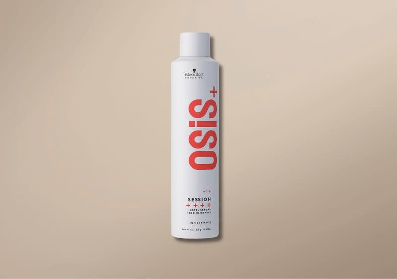 Eine weiße Haarspray-Flasche mit roter Aufschrift „Osis+“ und „Session“ von Schwarzkopf