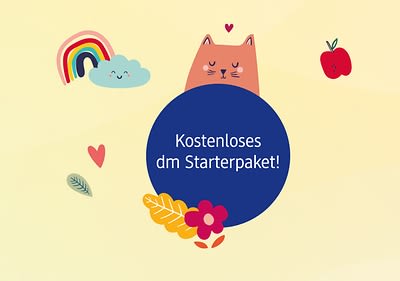 Illustration mit einem lächelnden Regenbogen, einer Wolke, einer roten Katze, einem Apfel und einem blauen Kreis mit der Aufschrift „Kostenloses dm Starterpaket“