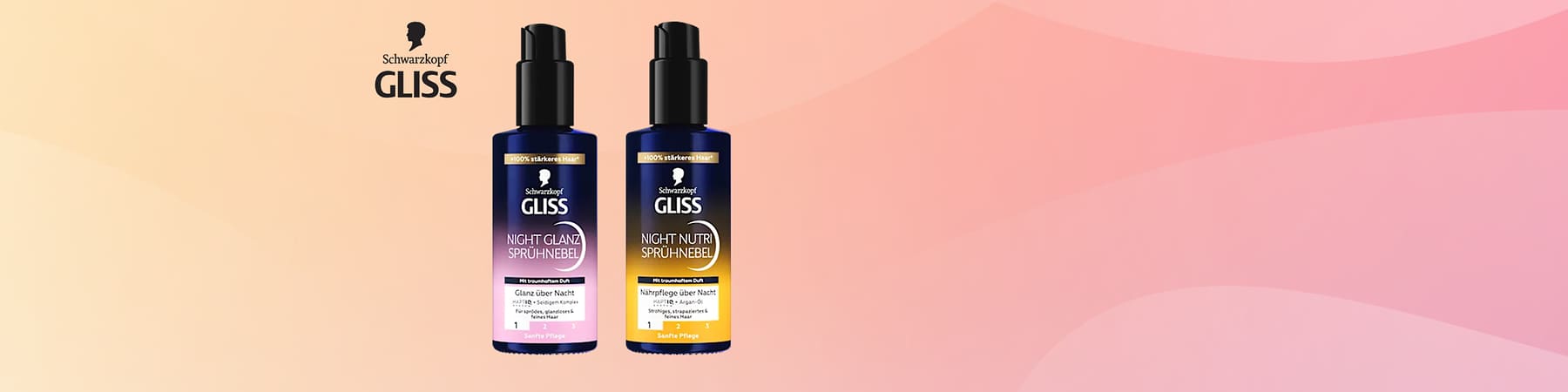 Zwei Flaschen Schwarzkopf Gliss Sprühnebel, links rosa Glanz, rechts gelb Nutri, beide mit Aufschrift „Sanfte Pflege“