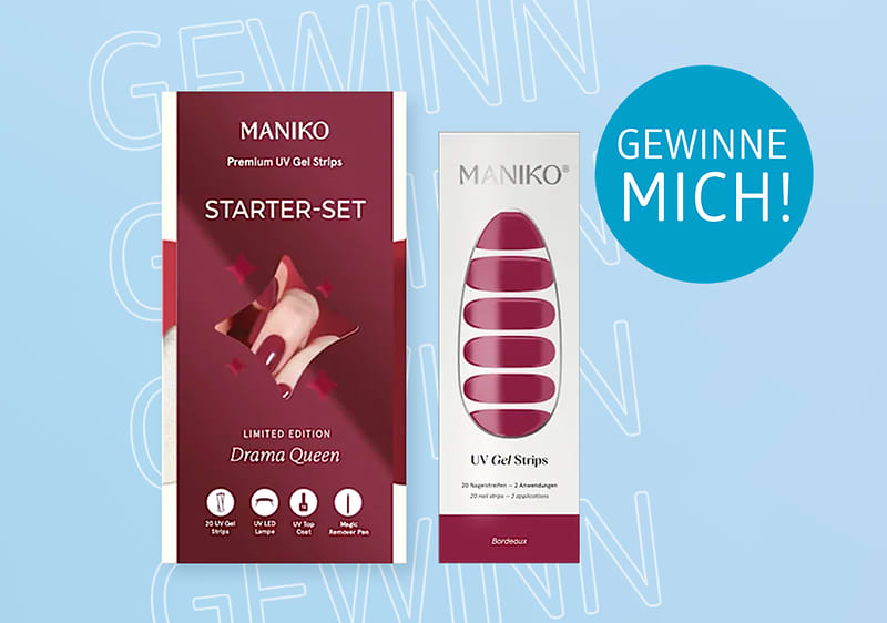 Eine rote Verpackung des Maniko Starter-Sets mit der Aufschrift „Drama Queen“ und daneben UV Gel Strips. Text „Gewinne mich!“ auf blauem Hintergrund