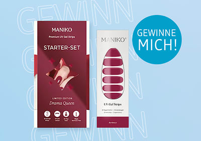 Zwei Produktverpackungen von Maniko, links ein rotes Starter-Set mit der Aufschrift „Drama Queen“, rechts UV Gel Strips in Rot. Text „Gewinne mich!“ in blauem Kreis