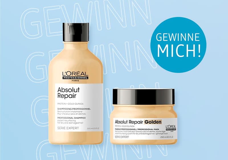 Zwei L'Oréal Absolut Repair Produkte vor blauem Hintergrund mit Text „GEWINNE MICH!“