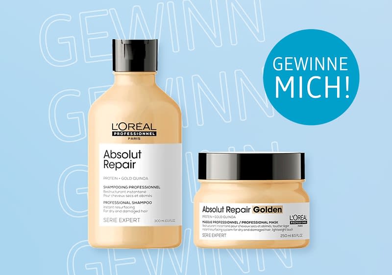 Eine gelbe Shampoo-Flasche und ein Tiegel von L'Oréal Absolut Repair mit der Aufschrift „Gewinne mich!“ auf blauem Hintergrund