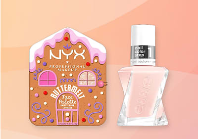 Eine NYX Face Palette in Lebkuchenhaus-Design mit der Aufschrift „Buttermilk“ neben einem Essie Nagellack in zartem Rosa