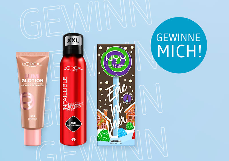 Drei L'Oréal-Produkte vor blauem Hintergrund: Lumi Glotion, Infaillible Setting Mist XXL, NYX Epic Ink Liner. Text: Gewinne mich!