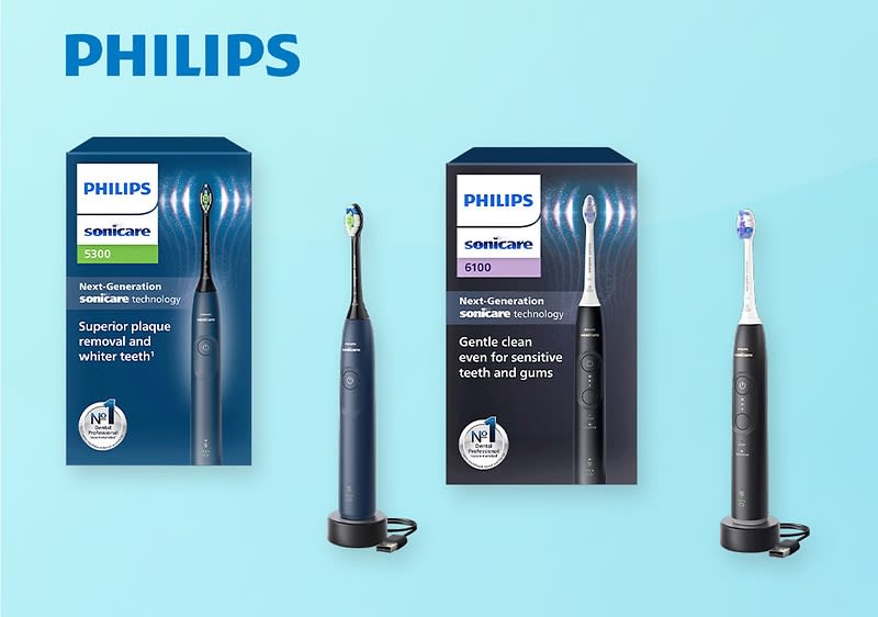 Zwei Philips Sonicare Zahnbürsten mit Verpackungen, links Modell 3100, rechts Modell 6100, beide mit Next-Generation Technologie