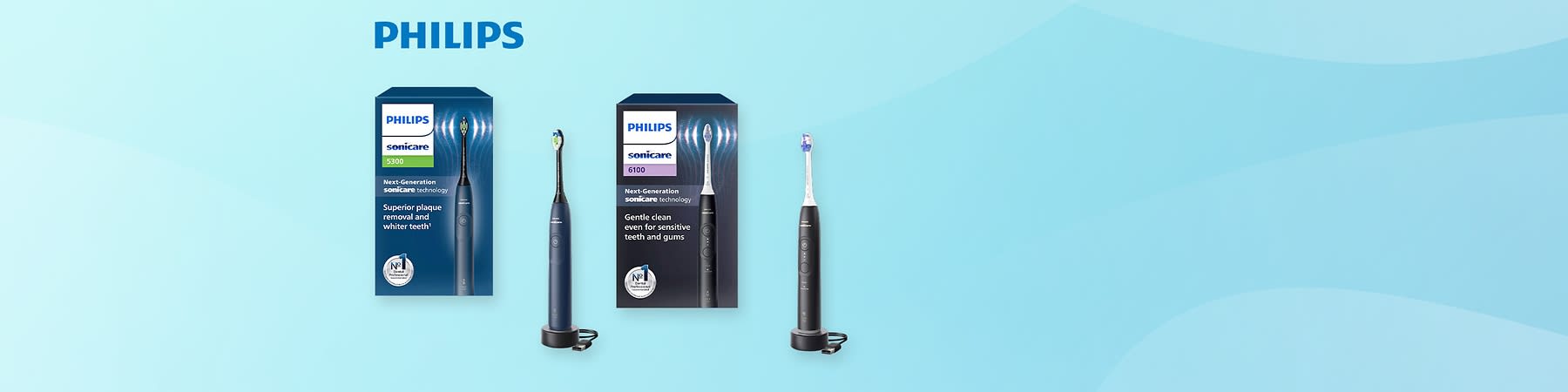 Zwei Philips Sonicare Zahnbürsten mit Verpackungen, links Modell 3100, rechts Modell 6100, beide mit Next-Generation Technologie