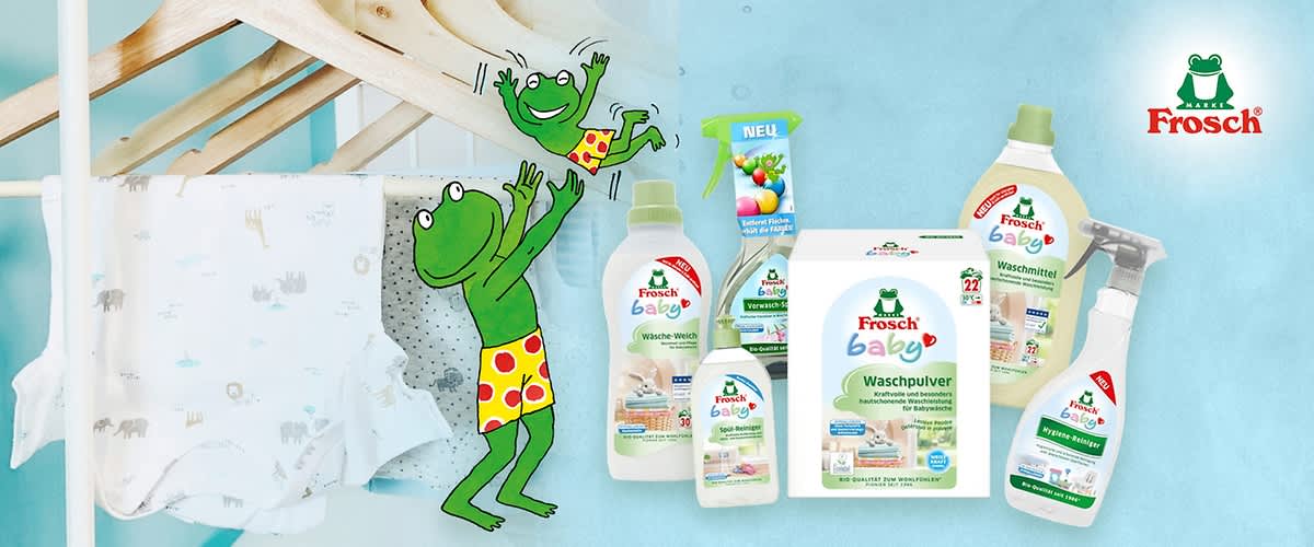 Eine Collage von Frosch Baby-Produkten, darunter Waschmittel, Weichspüler, Waschpulver und Hygienespray, mit dem Frosch-Logo oben rechts