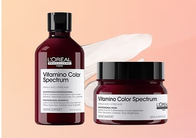 Zwei L'Oréal Professionnel Vitamino Color Spectrum Produkte, eine rote Shampoo-Flasche und eine rote Masken-Dose mit weißer Aufschrift