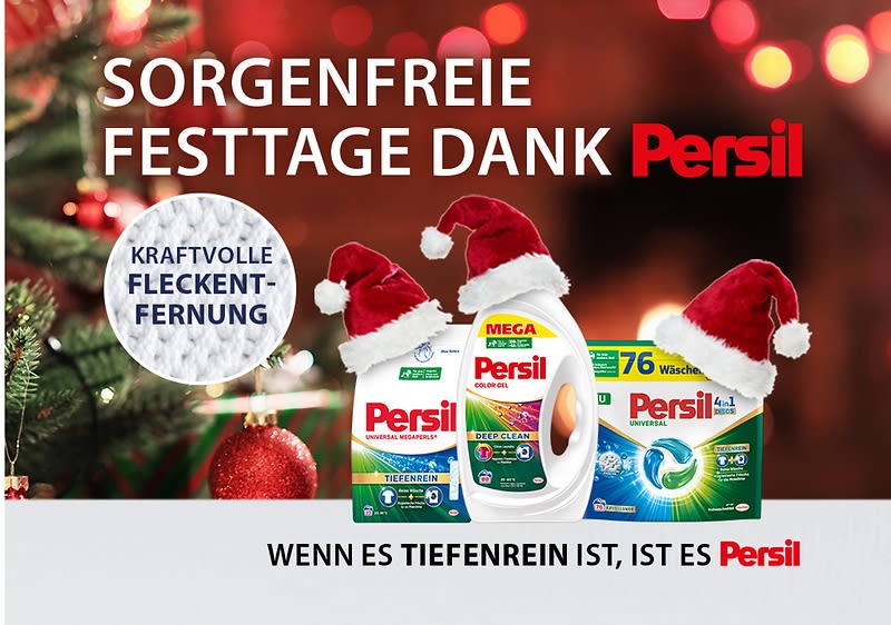 Werbung für Persil mit drei Produkten in Weihnachtsmützen, Text: „Sorgenfreie Festtage dank Persil“, „Kraftvolle Fleckenentfernung“, „Wenn es tiefenrein ist, ist es Persil“