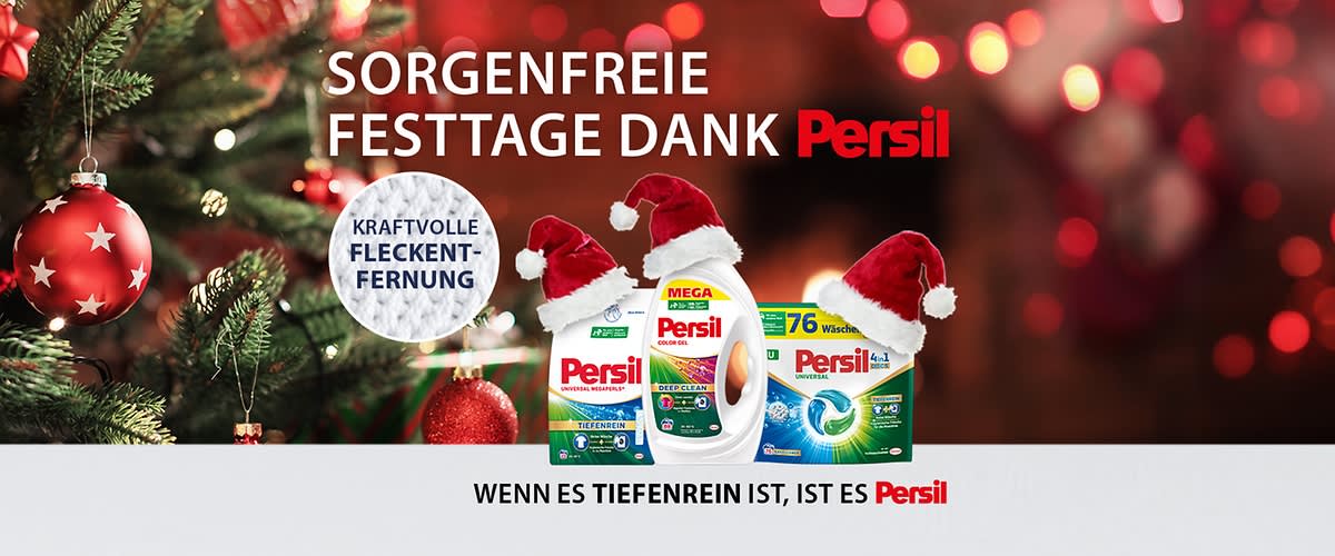 Werbung für Persil mit drei Produkten in Weihnachtsmützen, Text: „Sorgenfreie Festtage dank Persil“, „Kraftvolle Fleckenentfernung“, „Wenn es tiefenrein ist, ist es Persil“