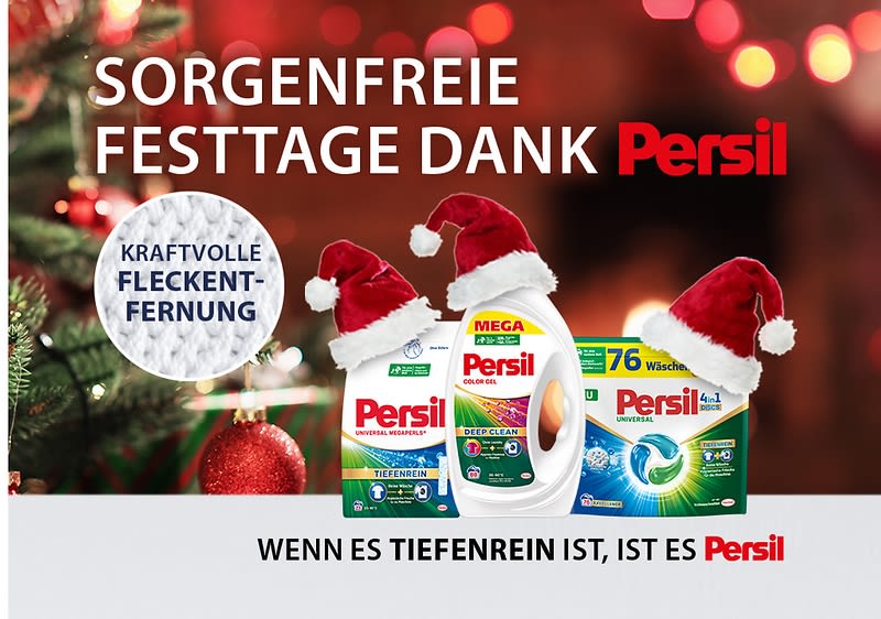 Werbung für Persil mit drei Produkten in Weihnachtsmützen, Text: „Sorgenfreie Festtage dank Persil“, „Kraftvolle Fleckenentfernung“, „Wenn es tiefenrein ist, ist es Persil“