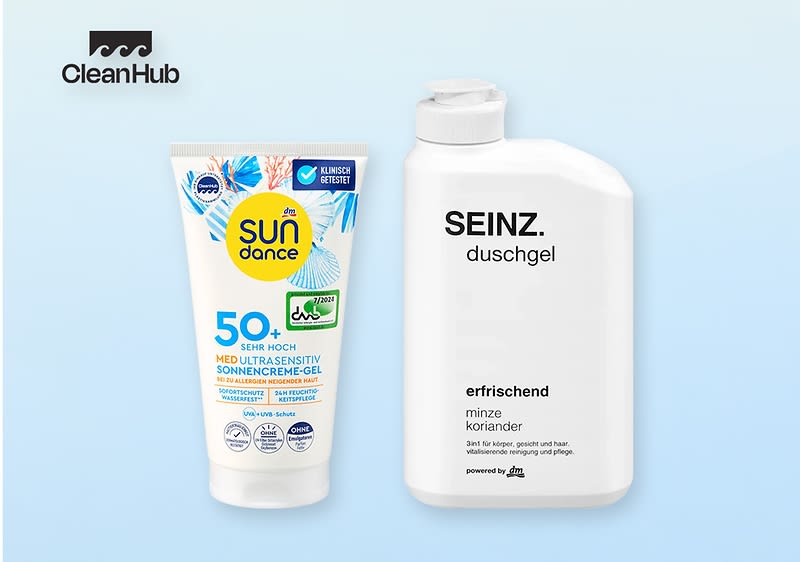 Das Logo von CleanHub, links eine Tube Sun Dance Sonnencreme-Gel mit LSF 50, rechts eine weiße Flasche Seinz. Duschgel mit Minze und Koriander