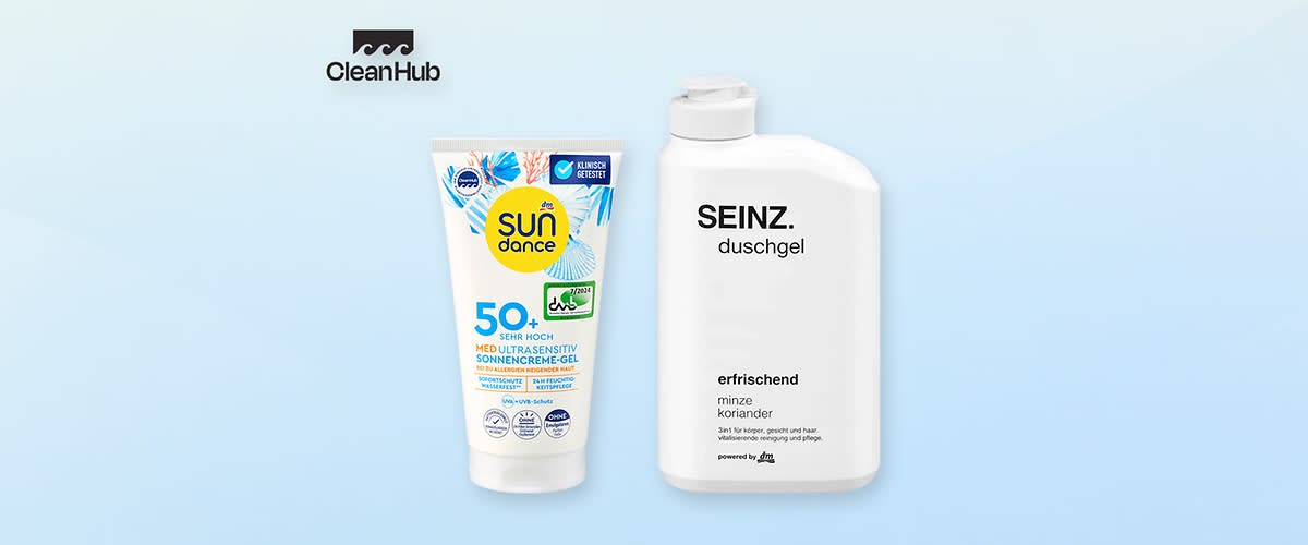 Links eine Tube Sun Dance Sonnencreme mit 50+ Schutz, rechts eine weiße SEINZ. Duschgel-Flasche mit Minze und Koriander