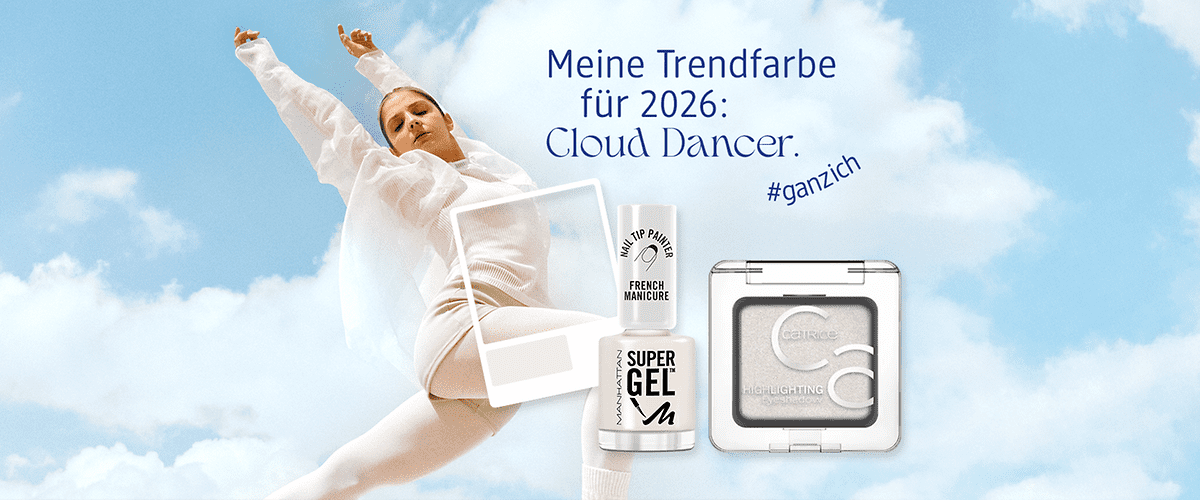 Eine tanzende Person in weißer Kleidung vor blauem Himmel, daneben Nagellack und Lidschatten in Weiß, Text: „Meine Trendfarbe für 2026: Cloud Dancer. #ganzich“