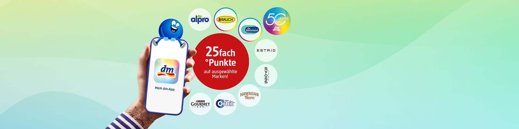Hand hält Smartphone mit dm-App-Symbol links, in der Bildmitte roter Kreis mit weißer Schrift „25fach °Punkte auf ausgewählte Marken!“, ringsum Logos von Marken wie alpro, Rauch, Dr. Beckmann, Estrid, Syoss, Gourmet, Orbit und Hawaiian Tropic, oben rechts runder 50-Jahre-dm-Button