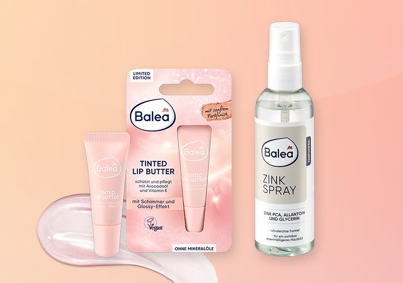 Eine rosa Tinted Lip Butter von Balea in einer Verpackung mit der Aufschrift „Limited Edition“. Daneben ein Balea Zink Spray.