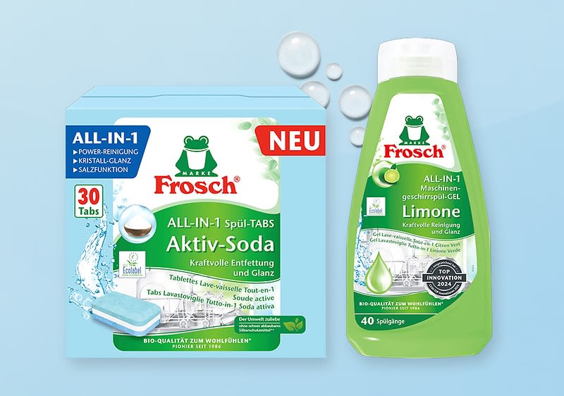 Verpackung von Frosch Spül-Tabs und Spülmittel. Links: blaue Box mit 30 Aktiv-Soda Tabs. Rechts: grüne Flasche mit Limone-Gel für 40 Spülgänge.
