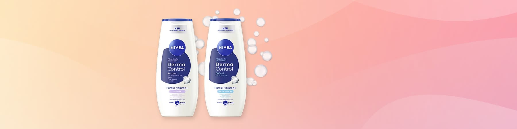 Zwei NIVEA Derma Control Duschgele mit Hyaluron, links Restore, rechts Defend, auf rosa Hintergrund mit Wasserblasen
