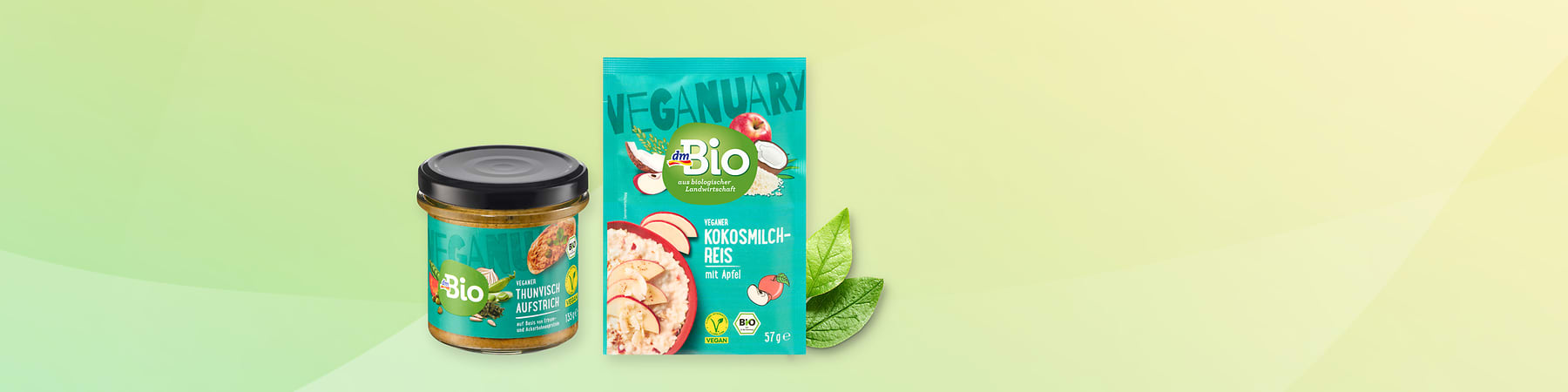 Vegane dmBio-Produkte: Links ein Glas Thunvisch-Aufstrich, rechts eine Packung Kokosmilch-Reis mit Apfel, beide mit veganem Logo.