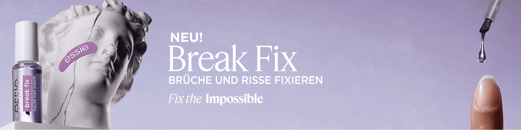 Eine lila Flasche mit der Aufschrift „essie Break Fix“ steht vor einer Statue. Text: „NEU! Brüche und Risse fixieren. Fix the Impossible“