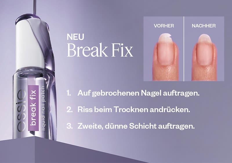 Essie Break Fix Produktbild mit Anleitung. Links die Flasche, rechts zwei Nagelbilder: Vorher und Nachher. Text: „Auf gebrochenen Nagel auftragen. Riss beim Trocknen andrücken. Zweite, dünne Schicht auftragen“