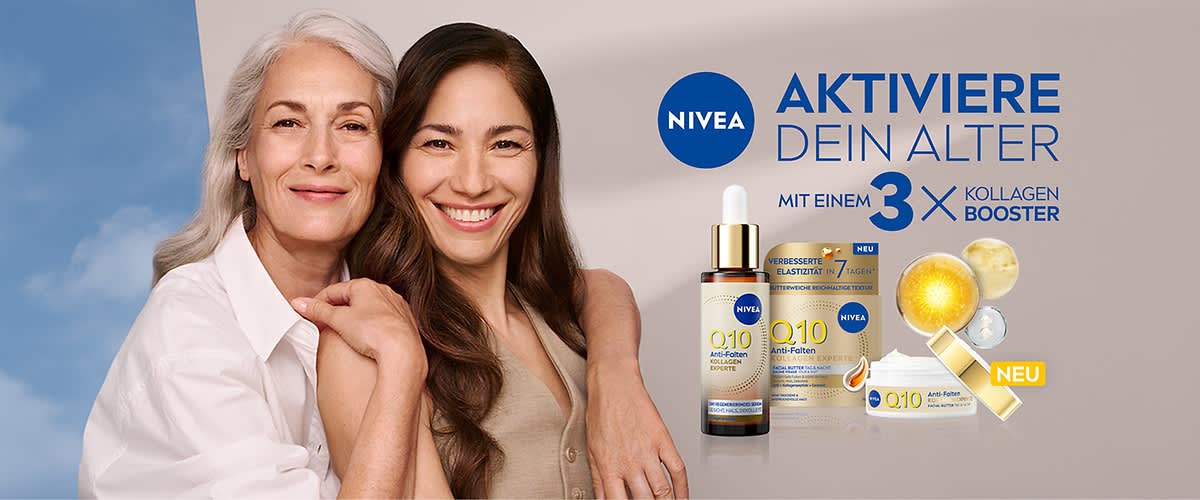 NIVEA-Werbung mit Q10-Produkten, darunter ein Serum, eine Creme und eine Kapsel. Text: „Aktiviere dein Alter mit einem 3x Kollagen Booster“