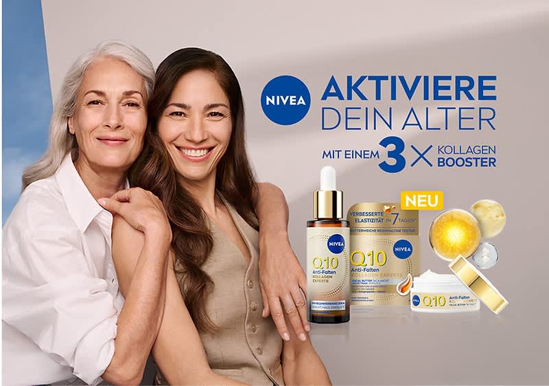 Zwei Personen sitzen nebeneinander, daneben Nivea-Produkte mit der Aufschrift „Aktiviere dein Alter mit einem 3x Kollagen Booster“.