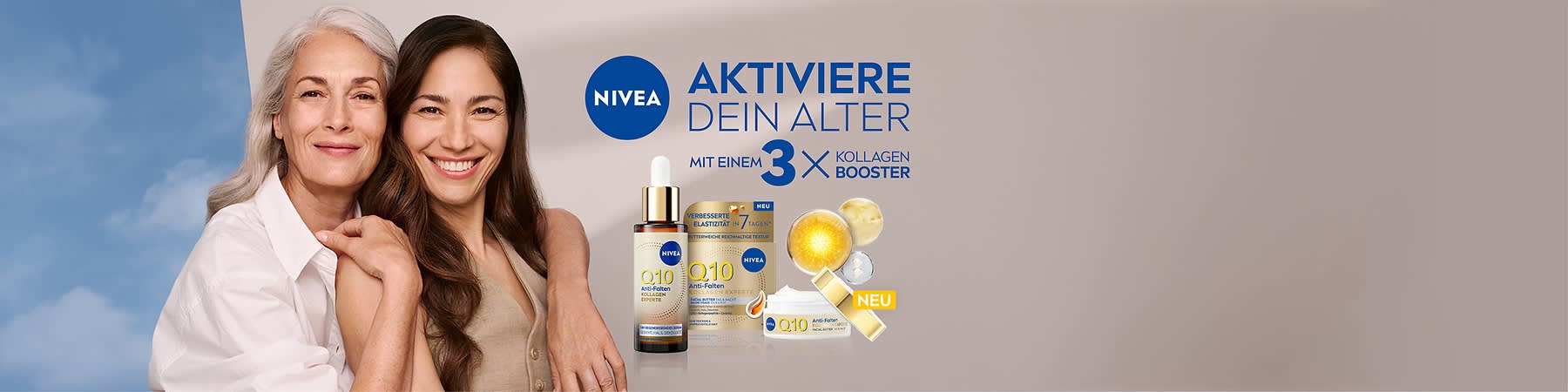 Zwei Personen sitzen nebeneinander, daneben Nivea-Produkte mit der Aufschrift „Aktiviere dein Alter mit einem 3x Kollagen Booster“.
