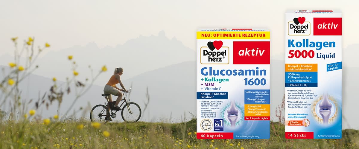 Zwei Produktverpackungen von Doppelherz aktiv. Links: Glucosamin 1600 mit MSM und Vitamin C, 40 Kapseln. Rechts: Kollagen 5000 Liquid, 14 Sticks.