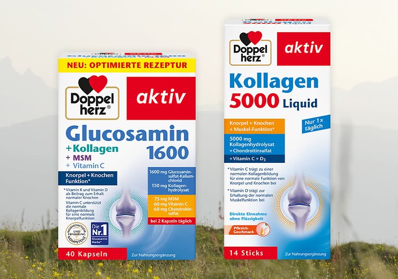 Zwei Produktverpackungen von Doppelherz aktiv. Links: Glucosamin 1600, 40 Kapseln. Rechts: Kollagen 5000 Liquid, 14 Sticks. Beide zur Nahrungsergänzung.