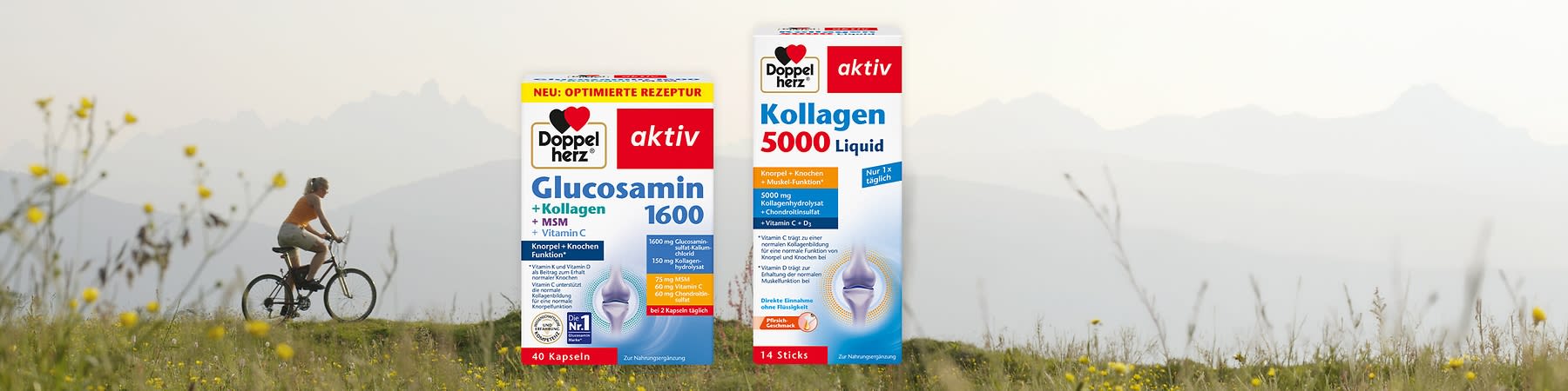 Zwei Produktverpackungen von Doppelherz aktiv. Links: Glucosamin 1600, 40 Kapseln. Rechts: Kollagen 5000 Liquid, 14 Sticks. Beide zur Nahrungsergänzung.
