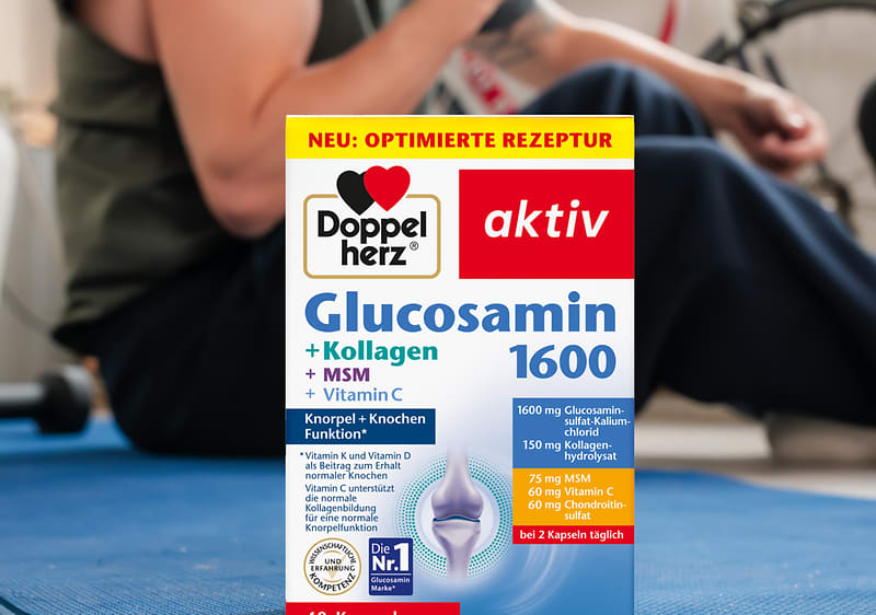 Eine Packung Doppelherz aktiv Glucosamin 1600 mit Kollagen, MSM und Vitamin C. Enthält Informationen zur Knochenfunktion und Dosierung.