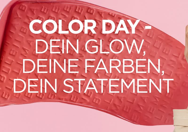 Color Day Spruch mit schwarzhaariger Frau und Markennamen im Hintergrund