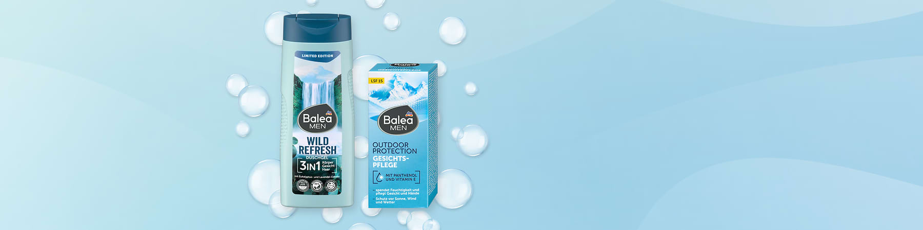 Eine Balea Men Duschgel-Flasche mit der Aufschrift „Wild Refresh 3in1“ neben einer Gesichtscreme-Verpackung „Outdoor Protection“ mit LSF 15.