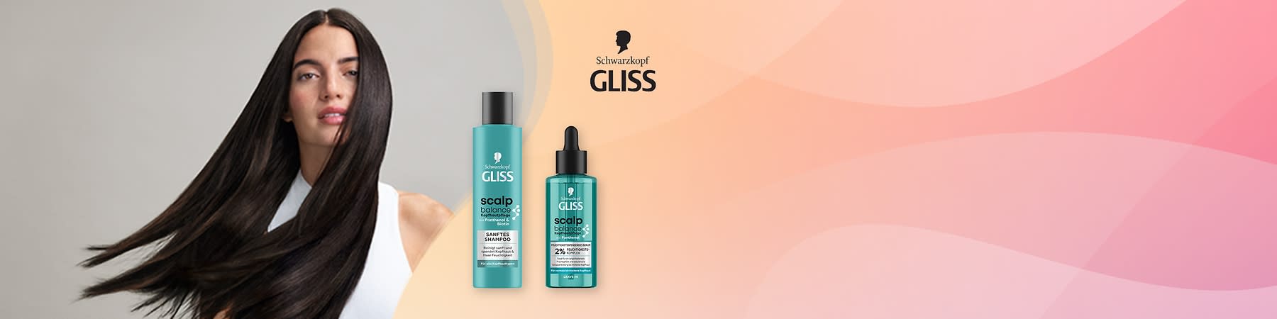 Zwei Gliss-Produkte von Schwarzkopf: ein sanftes Shampoo und ein Serum für die Kopfhautbalance vor einem Hintergrund mit einem Logo.