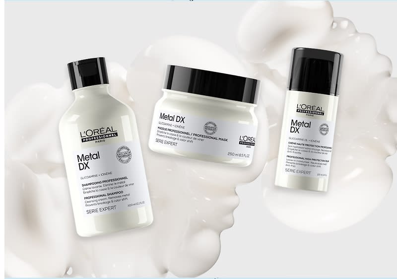 Drei L'Oréal Professionnel Metal DX Produkte auf weißen Hintergrund