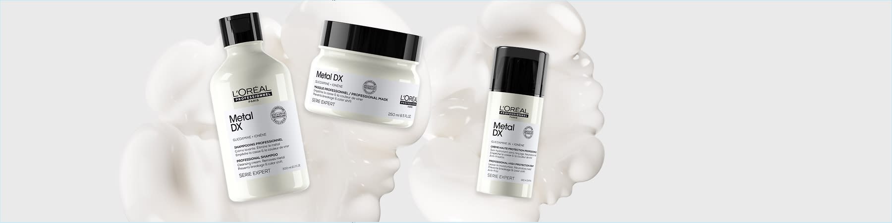 Drei L'Oréal Professionnel Metal DX Produkte auf weißen Hintergrund