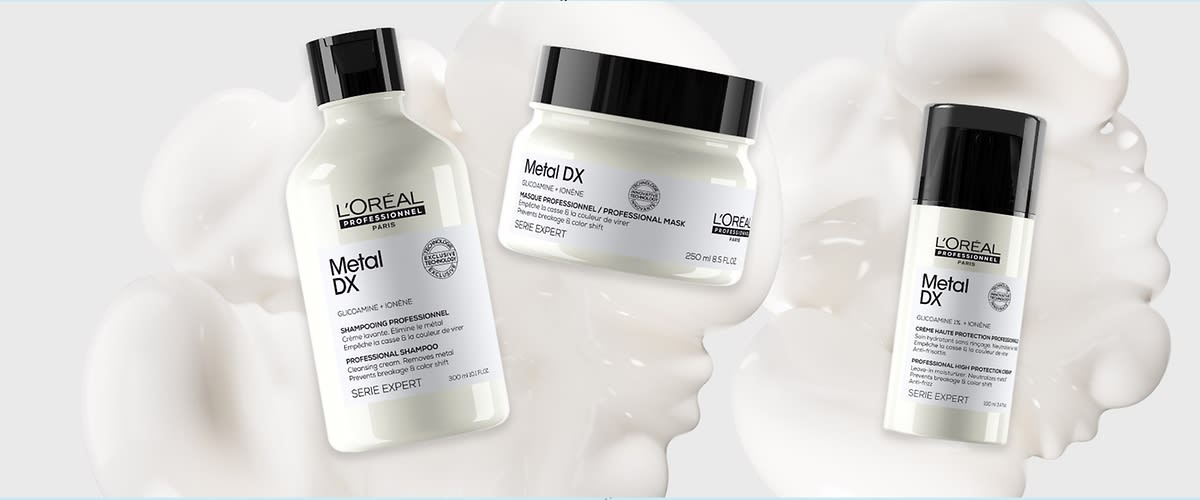 Drei L'Oréal Professionnel Metal DX Produkte auf weißen Hintergrund
