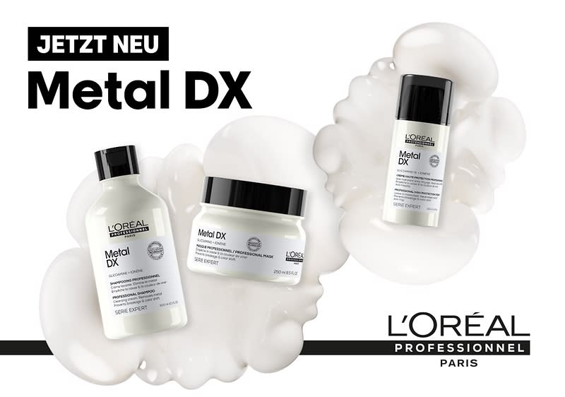Drei L'Oréal Professionnel Metal DX Produkte mit Logo und "Jetzt Neu" Schrift