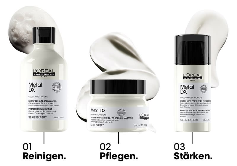Drei Schritte Routine mit L'Oréal Professionnel Metal DX auf weißem Hintergrund