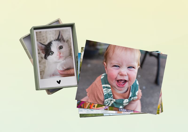 Gestapelte Fotokarten, oben links eine Polaroid-ähnliche Karte mit einem schwarz-weißes Kätzchen, rechts daneben ein Stapel Fotos mit oben ein Kind im grünen Latzkleid, Gesicht ausgeblendet, auf hellem Hintergrund