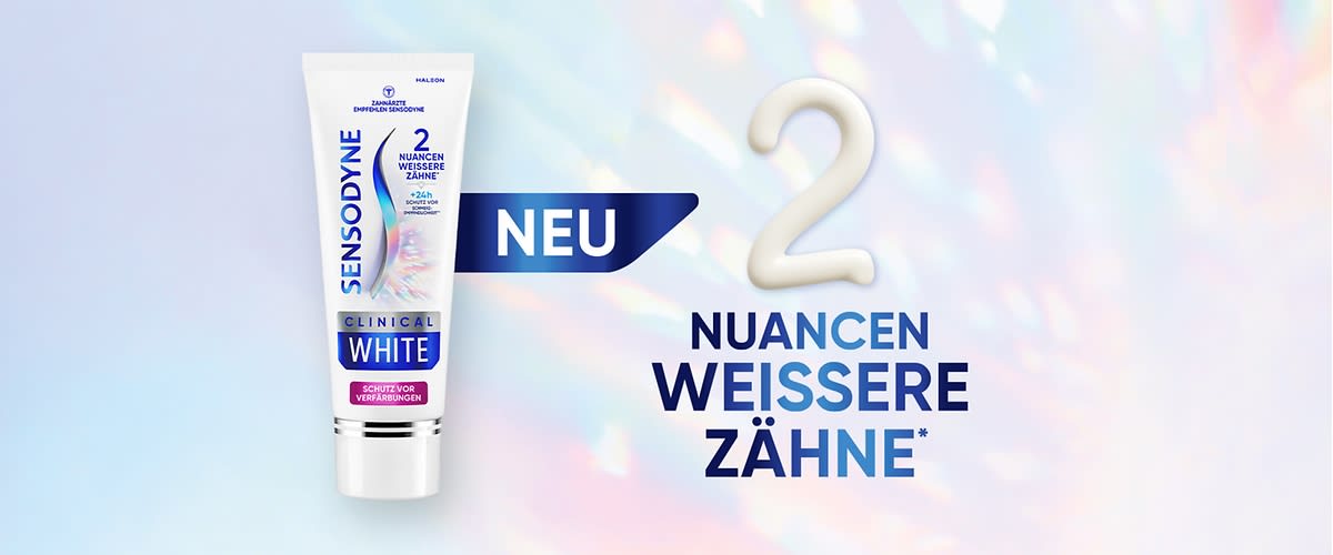 Weiße Tube Sensodyne Clinical White Zahnpasta links, daneben blauer Schriftzug „NEU“ und großer heller Ziffer 2, rechts Text „2 NUANCEN WEISSERE ZÄHNE“
