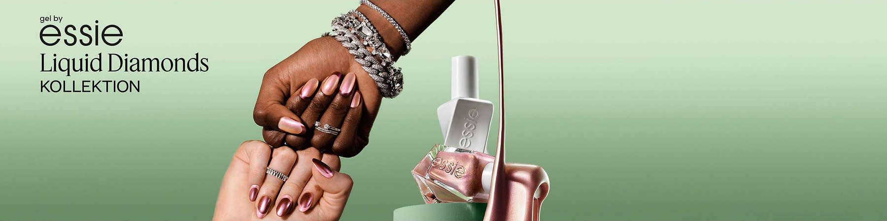 Zwei essie Nagellackflaschen, eine weiße mit silbernem Deckel und eine roségoldene, vor grünem Verlaufshintergrund, rechts fließt roségoldener Lack, Text „essie Liquid Diamonds KOLLEKTION“ oben links