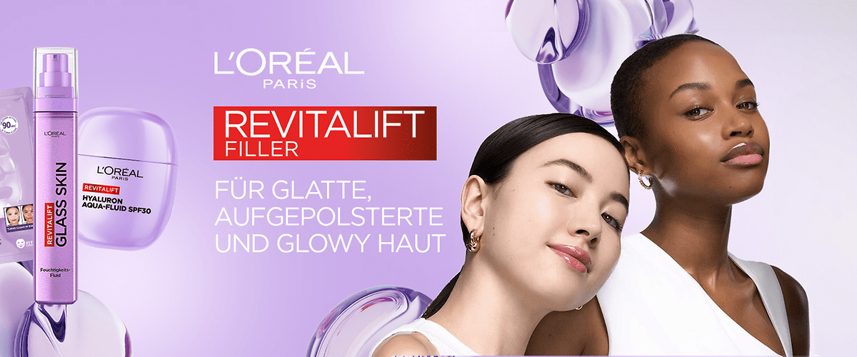 L'Oréal Paris Revitalift Filler Produktwerbung auf lila Hintergrund mit rotem Logofeld und Text „Für glatte, aufgepolsterte und glowy Haut“, zwei Frauenhälften rechts, Schmuck an Ohrläppchen sichtbar