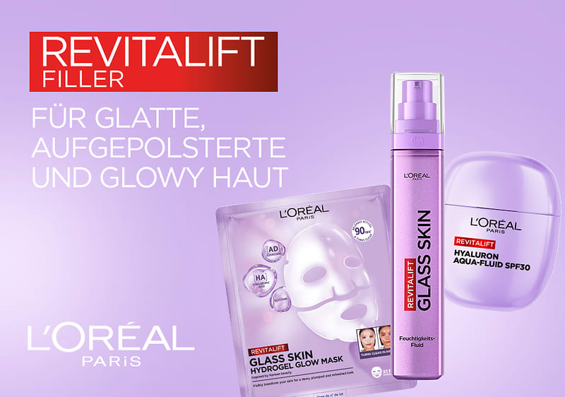 Lila Hintergrund mit drei L’Oréal Revitalift-Produkten: links unten eine Packung Glass Skin Hydrogel Glow Mask mit Maske auf der Vorderseite und Schriftzug, in der Mitte eine hohe rosa-violette Pumpflasche „Glass Skin“ Feuchtigkeitsfluid, rechts eine runde Dose „Hyaluron Aqua-Fluid SPF30“, oben links rotes Banner „REVITALIFT FILLER“ und weißer Text „FÜR GLATTE, AUFGEPOLSTERTE UND GLOWY HAUT“
